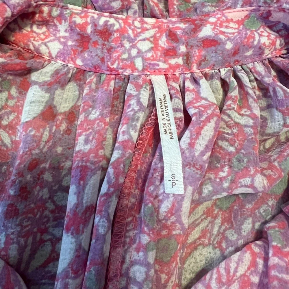 Free People Women's Small Dress Pink Floral Tiered Ruffle Boho Long Sleeve Midi